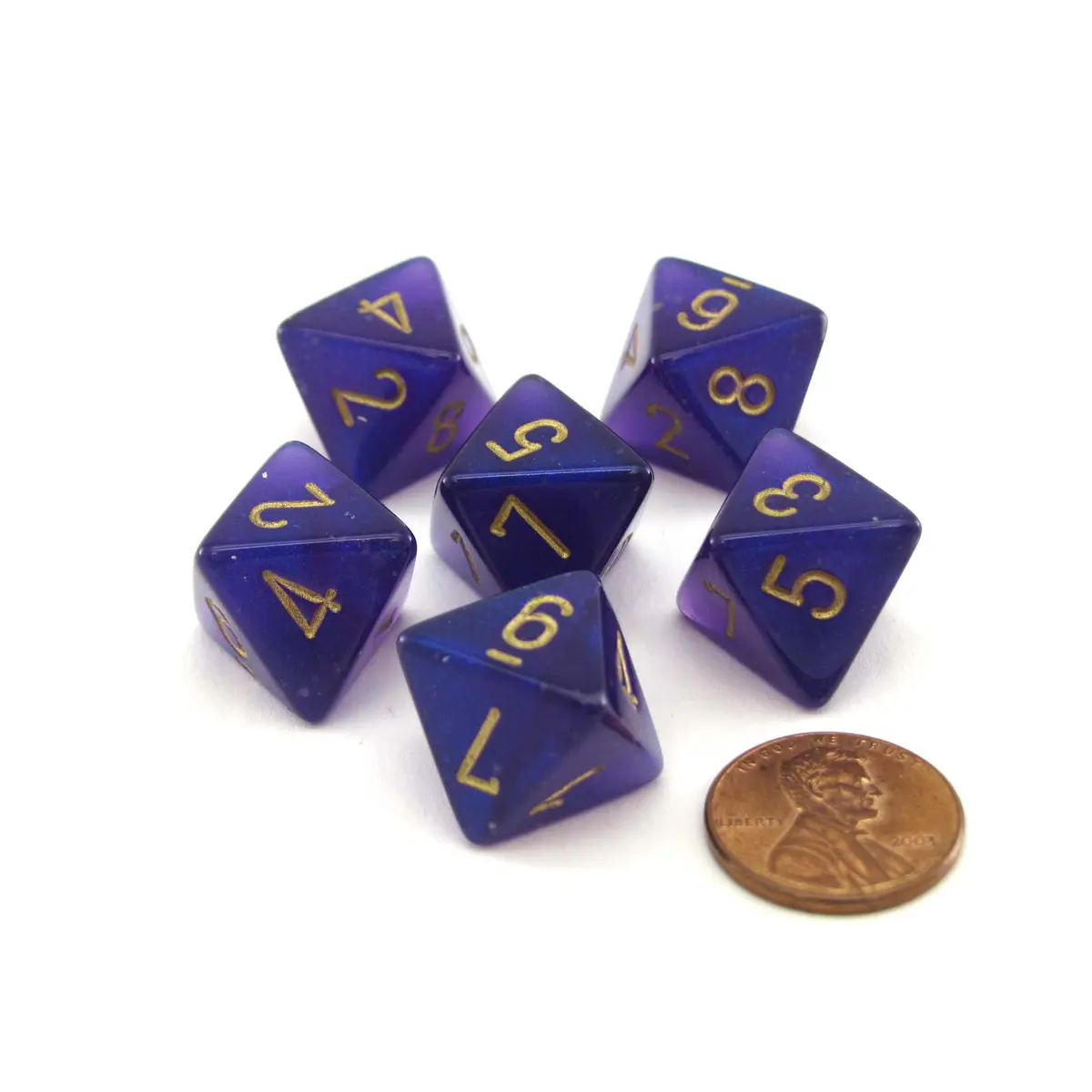 Luminary Borealis 15mm 8 Sided D8 Dice, 6 Piece - Royal Purple with Gold Numbers