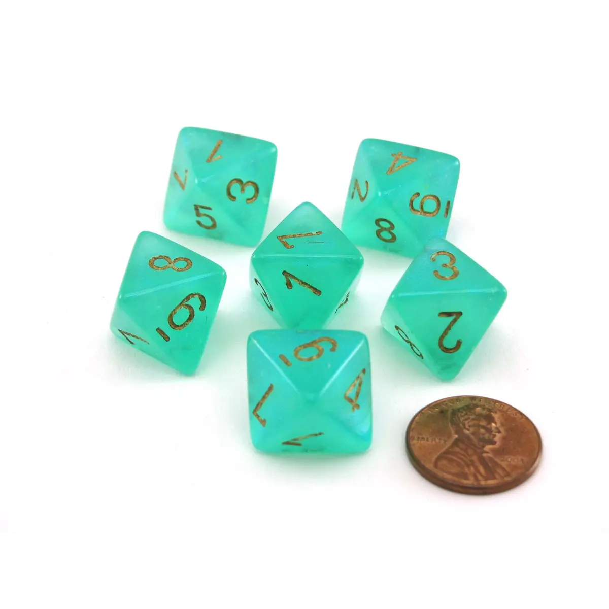 Luminary Borealis 15mm 8 Sided D8 Dice, 6 Pieces - Light Green with Gold Numbers