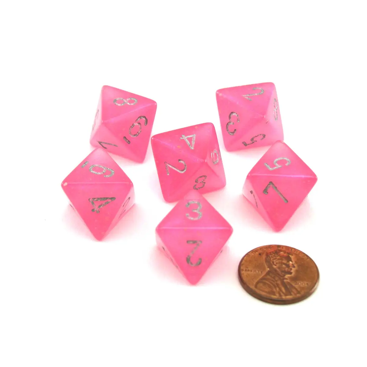 Luminary Borealis 15mm 8 Sided D8 Dice, 6 Pieces - Pink with Silver Numbers