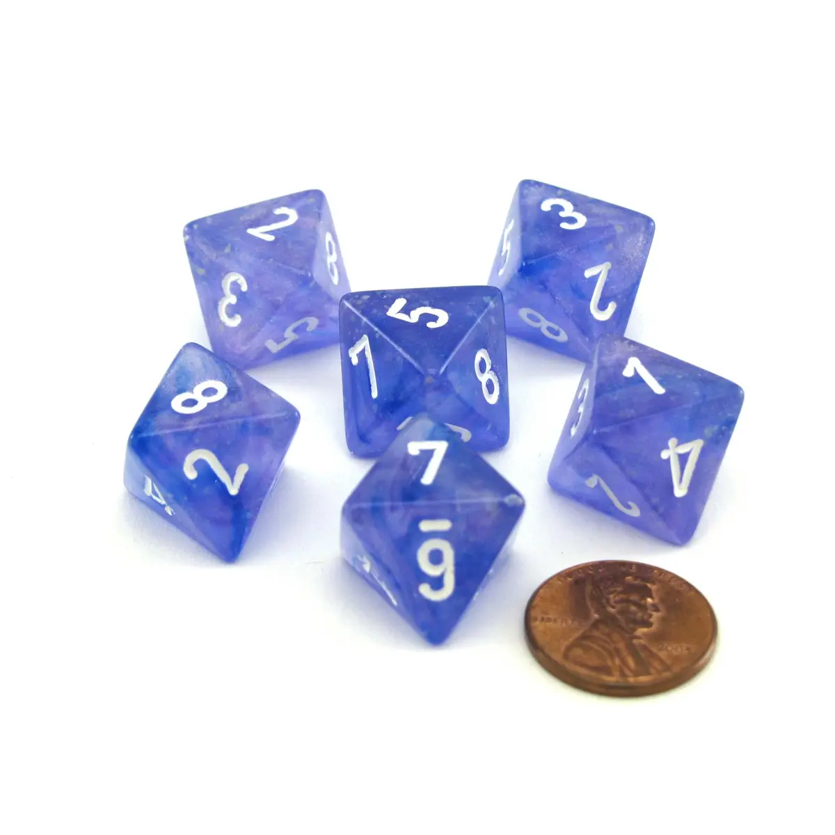 Luminary Borealis 15mm 8 Sided D8 Dice, 6 Pieces - Purple with White Numbers