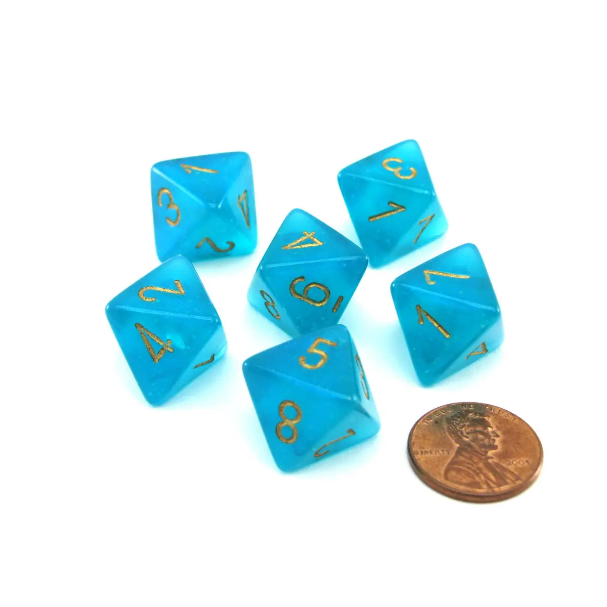 Luminary Borealis 15mm 8 Sided D8 Dice, 6 Pieces - Teal with Gold Numbers