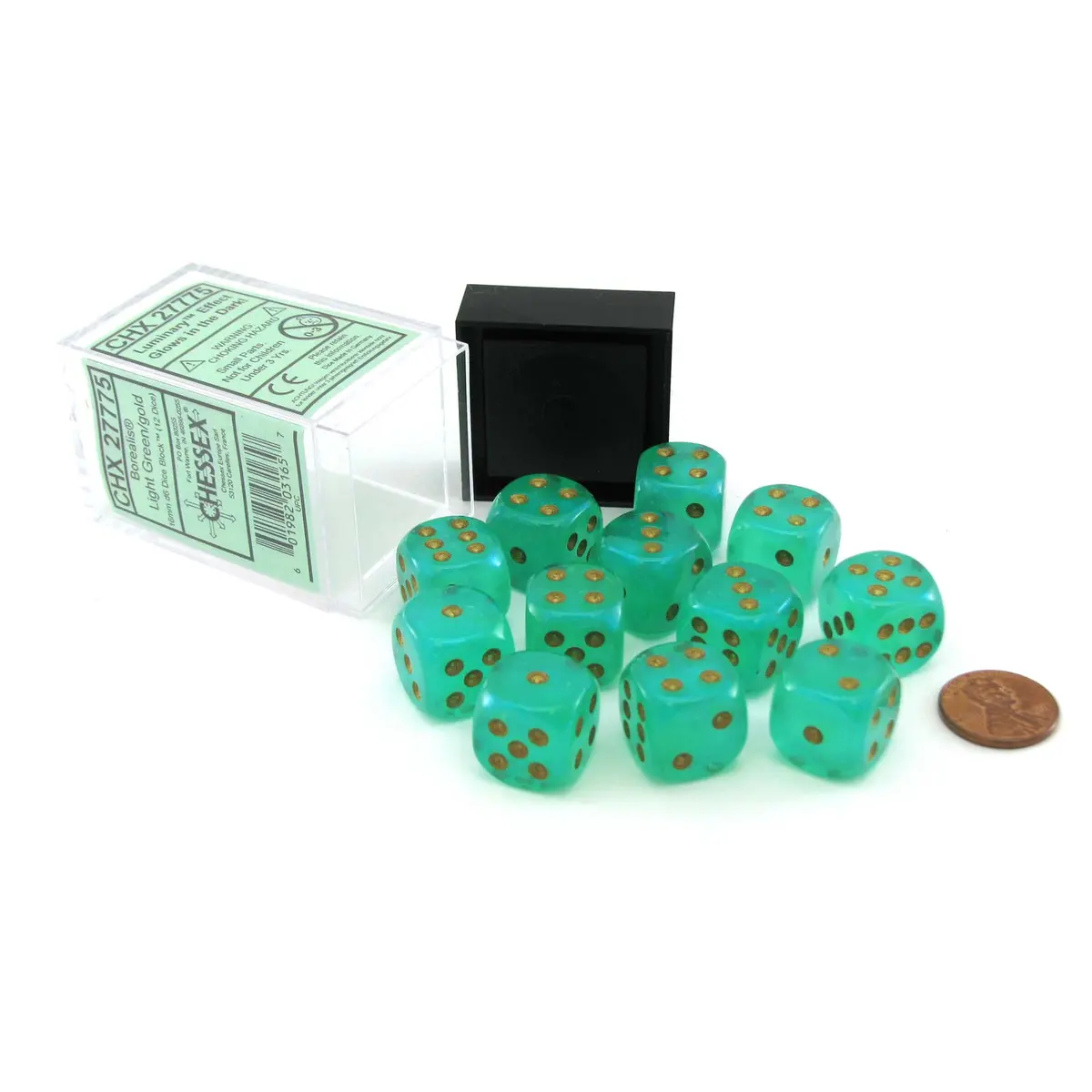 Luminary Borealis 16mm D6 Dice Block (12 Dice) - Light Green with Gold Pips