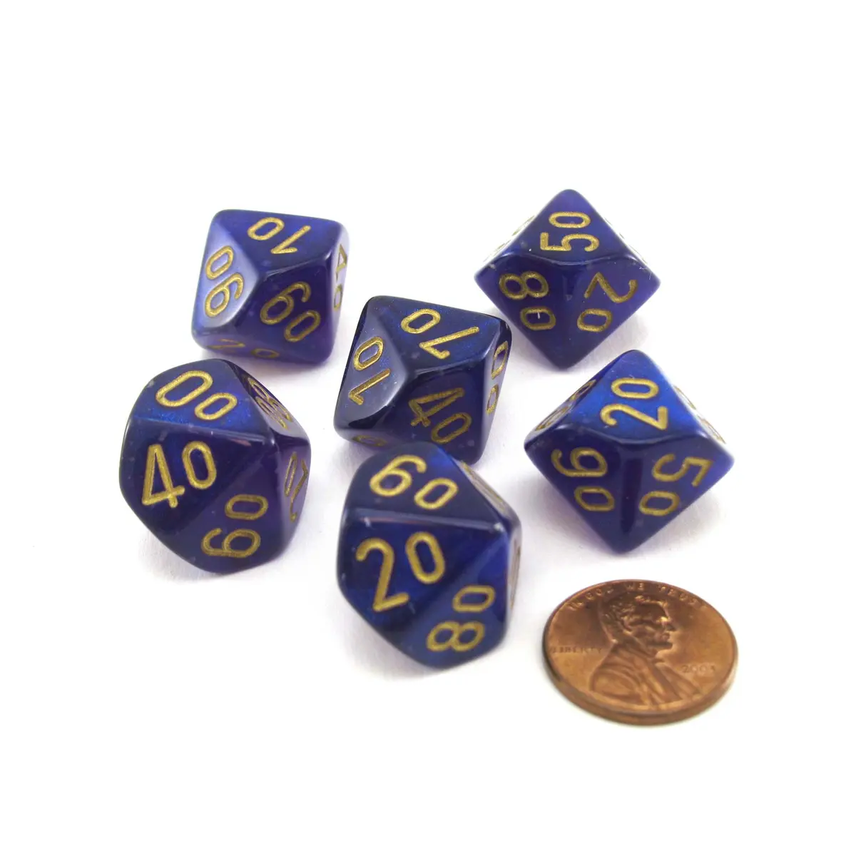 Luminary Borealis 16mm Tens D10 (00-90) Dice, 6 Pieces - Royal Purple with Gold