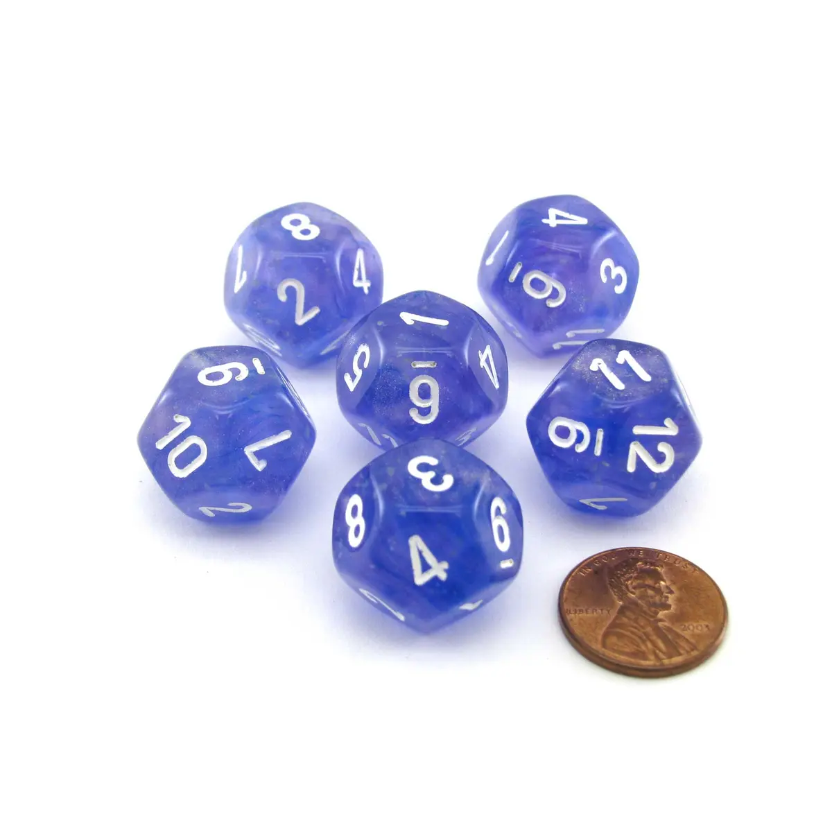 Luminary Borealis 18mm 12 Sided D12 Dice, 6 Pieces - Purple with White Numbers