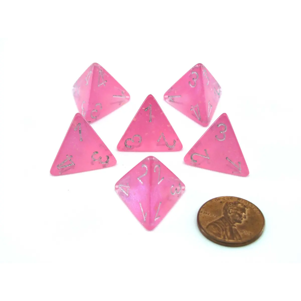 Luminary Borealis 18mm 4 Sided D4 Dice, 6 Pieces - Pink with Silver Numbers