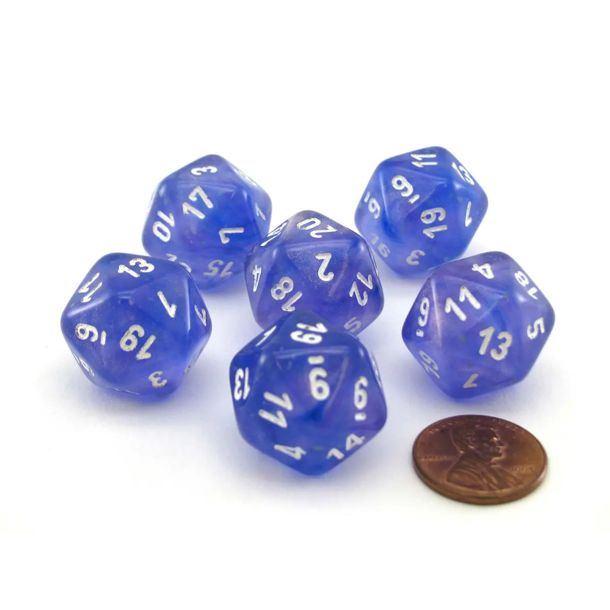 Luminary Borealis 20 Sided D20 Dice, 6 Pieces - Purple with White Numbers