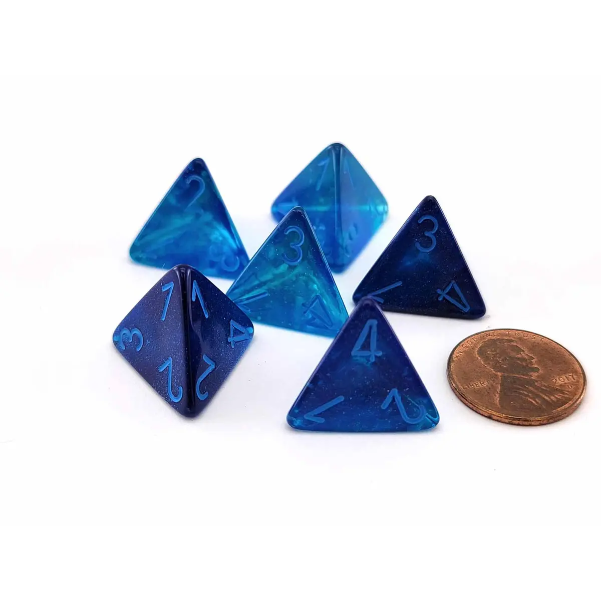 Luminary Gemini 18mm 4 Sided D4 Dice, 6 Pieces - Blue-Blue with Light Blue