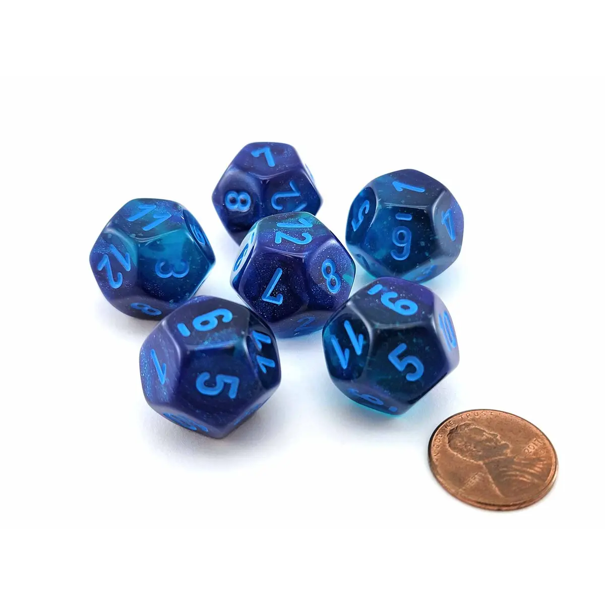Luminary Gemini 18mm D12 Dice, 6 Pieces - Blue-Blue with Light Blue Numbers