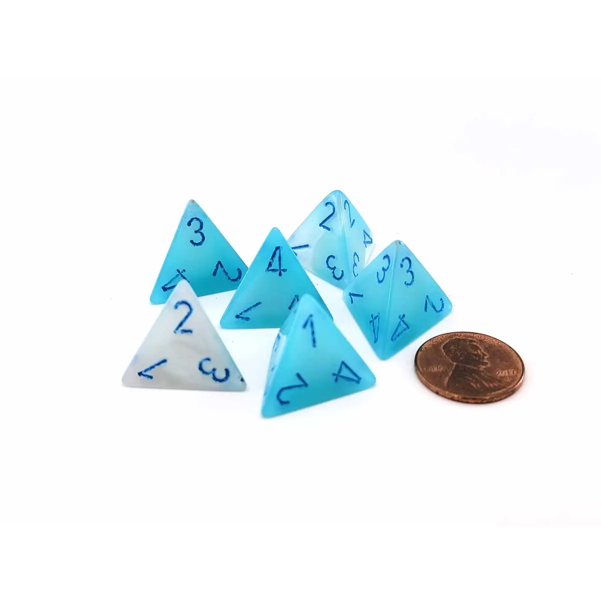 Luminary Gemini 18mm D4 Dice, 6 Pieces - Pearl Turquoise-White with Blue