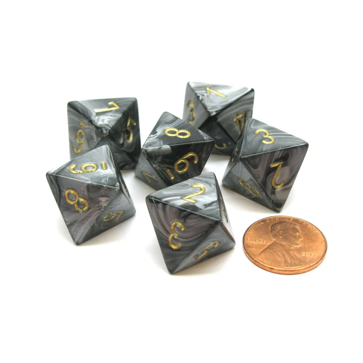 Lustrous 15mm 8 Sided D8 Chessex Dice, 6 Pieces - Black with Gold
