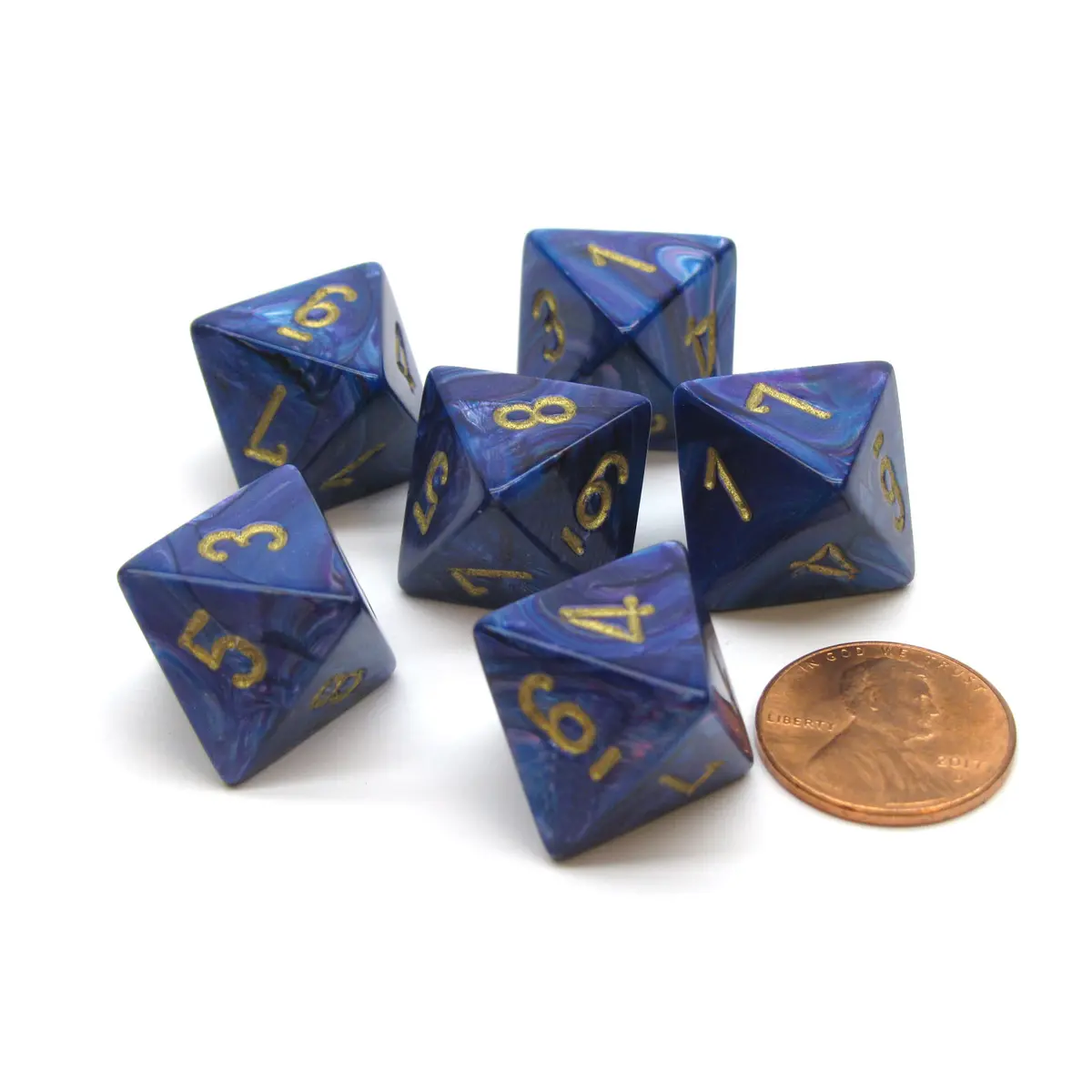 Lustrous 15mm 8 Sided D8 Chessex Dice, 6 Pieces - Purple with Gold