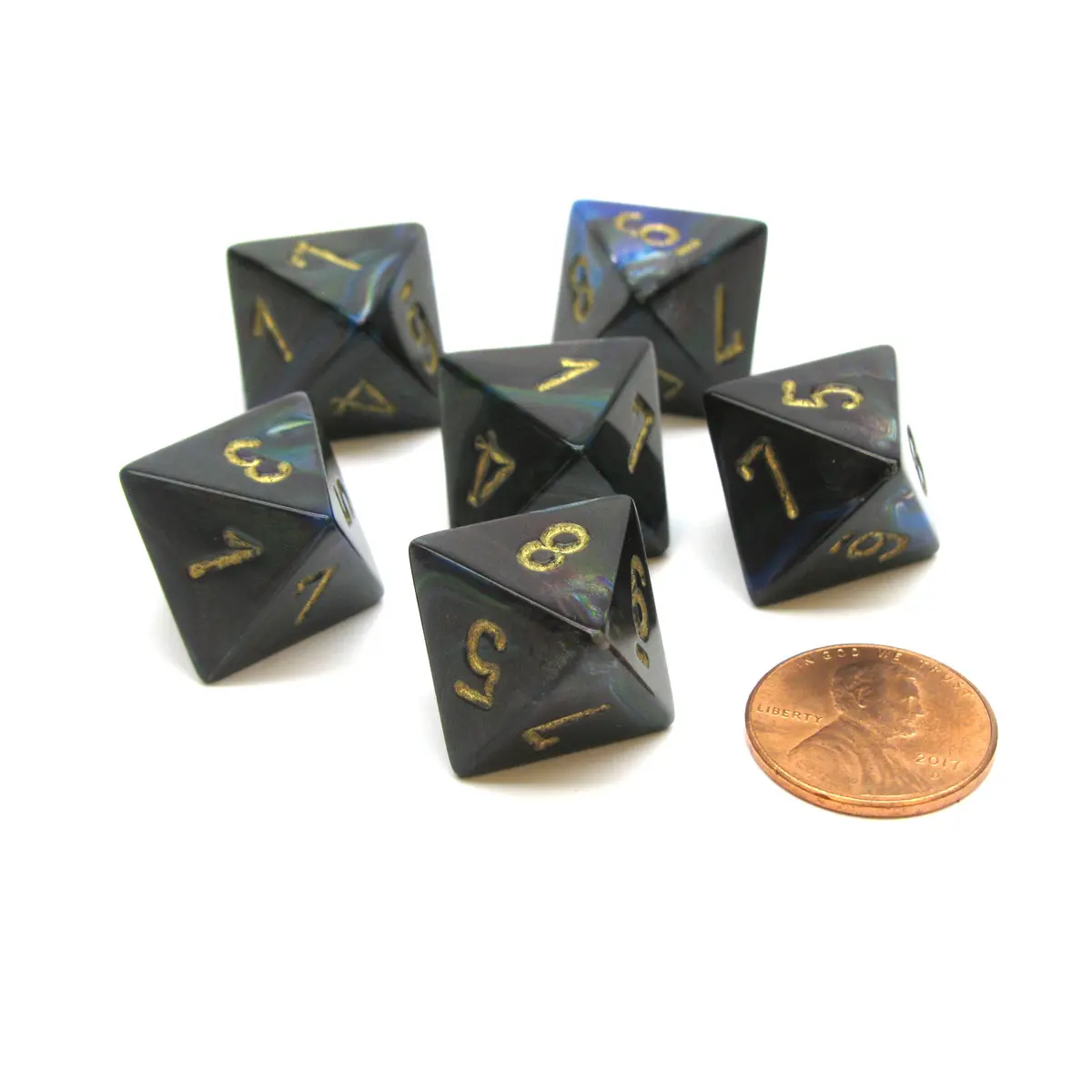 Lustrous 15mm 8 Sided D8 Chessex Dice, 6 Pieces - Shadow with Gold