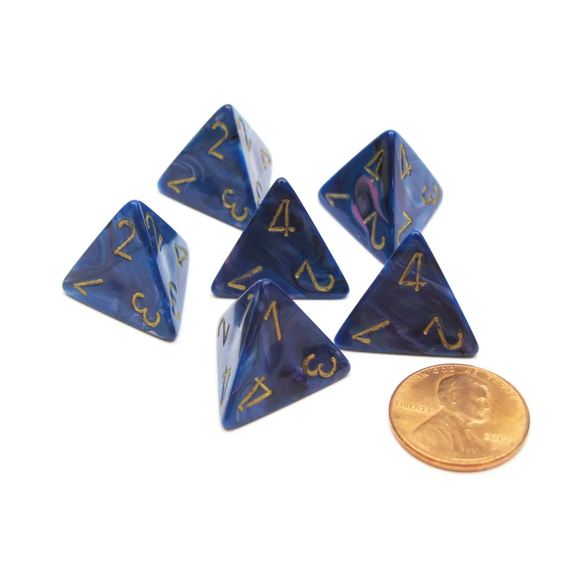 Lustrous 18mm 4 Sided D4 Chessex Dice, 6 Pieces - Purple with Gold