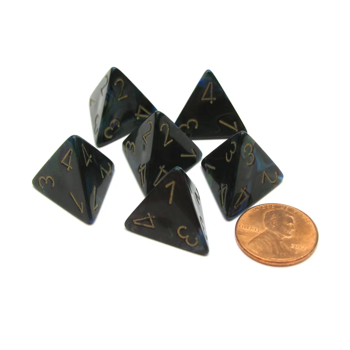 Lustrous 18mm 4 Sided D4 Chessex Dice, 6 Pieces - Shadow with Gold