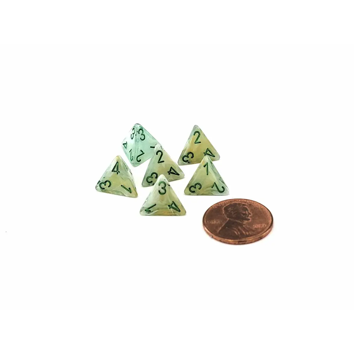 Marble 12mm Mini 4 Sided D4 Dice, 6 Pieces - Green with Dark Green Numbers