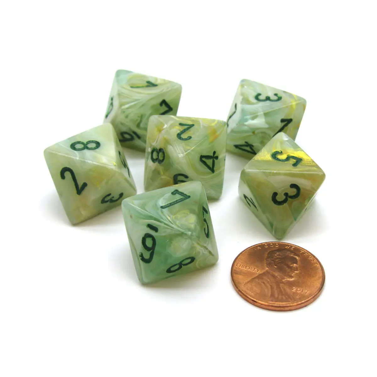Marble 15mm 8 Sided D8 Chessex Dice, 6 Pieces - Green with Dark Green