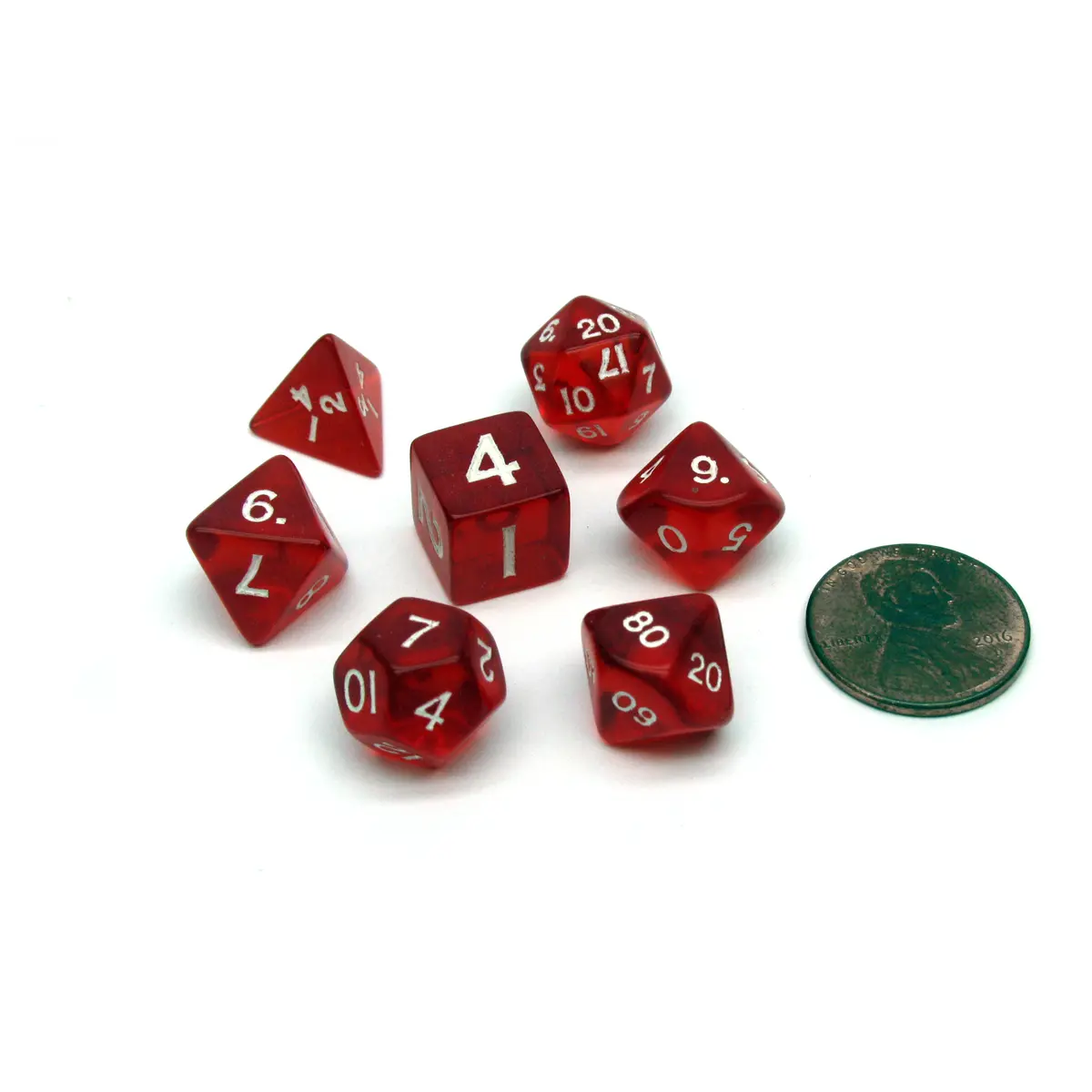 Mini Polyhedral 7 Piece Transparent Dice Set Small 11mm Die - Red with White