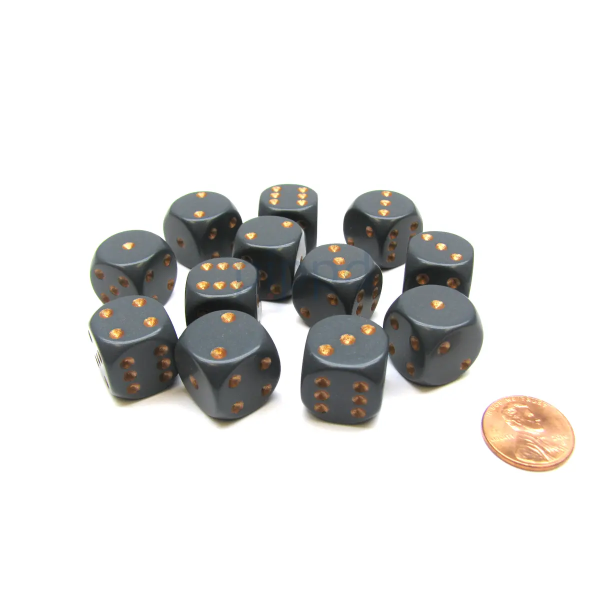 Opaque 16mm D6 Chessex Dice Block (12 Die) - Dark Grey with Copper Pips