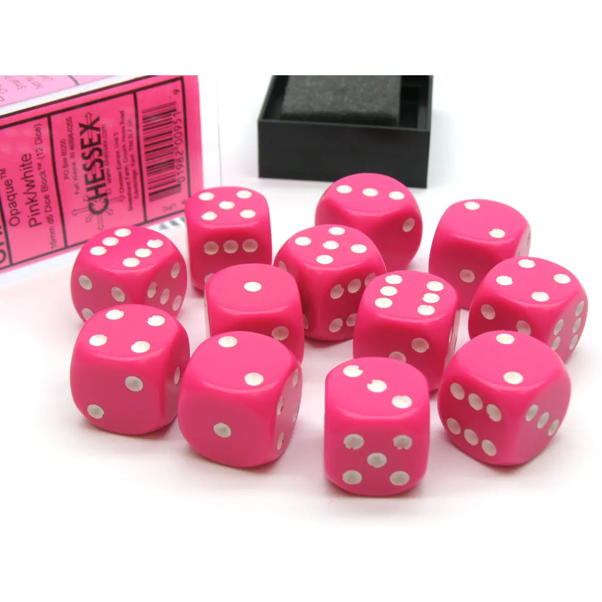Opaque 16mm D6 Chessex Dice Block (12 Die) - Pink with White Pips