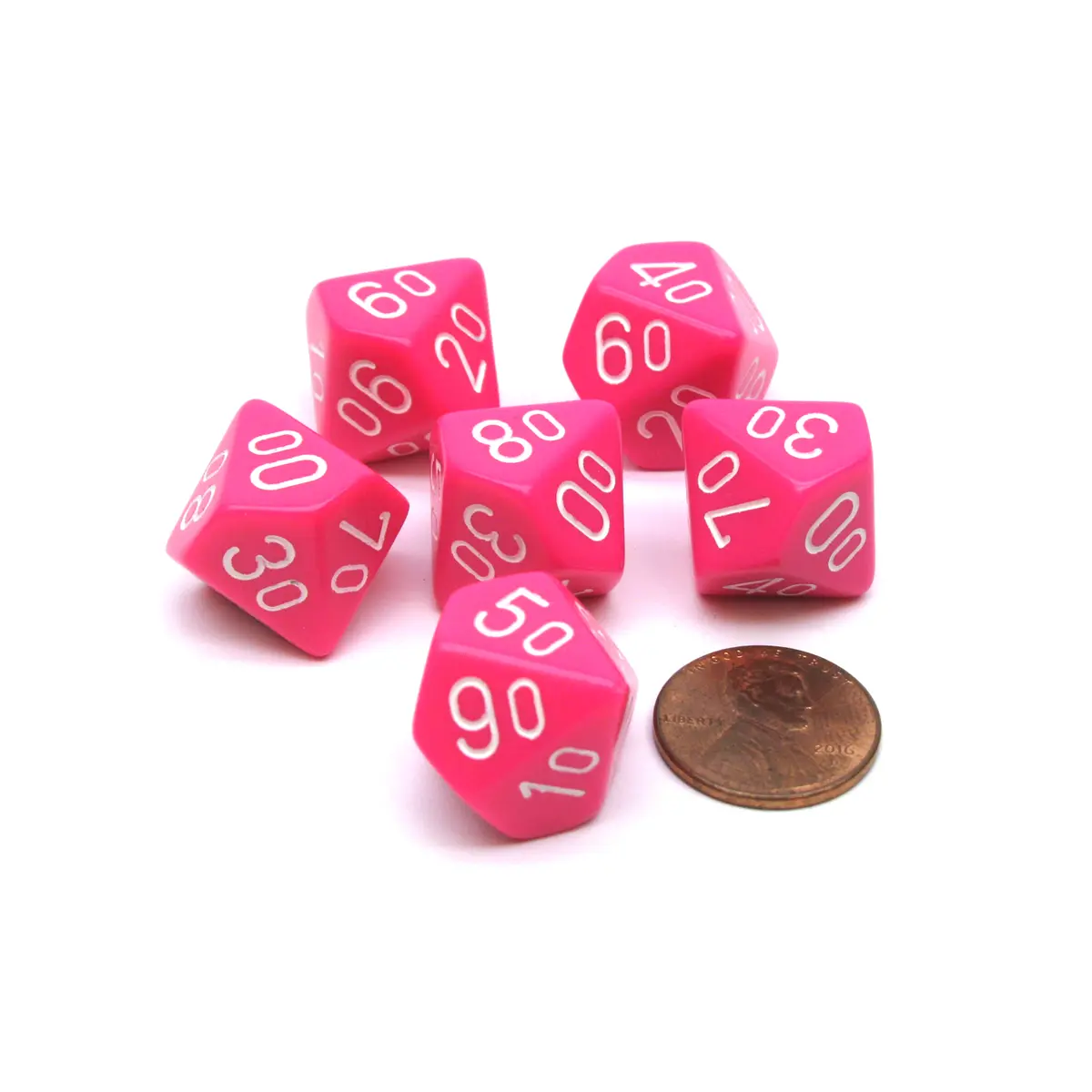 Opaque 16mm Tens D10 (00-90) Chessex Dice, 6 Pieces - Pink with White Numbers