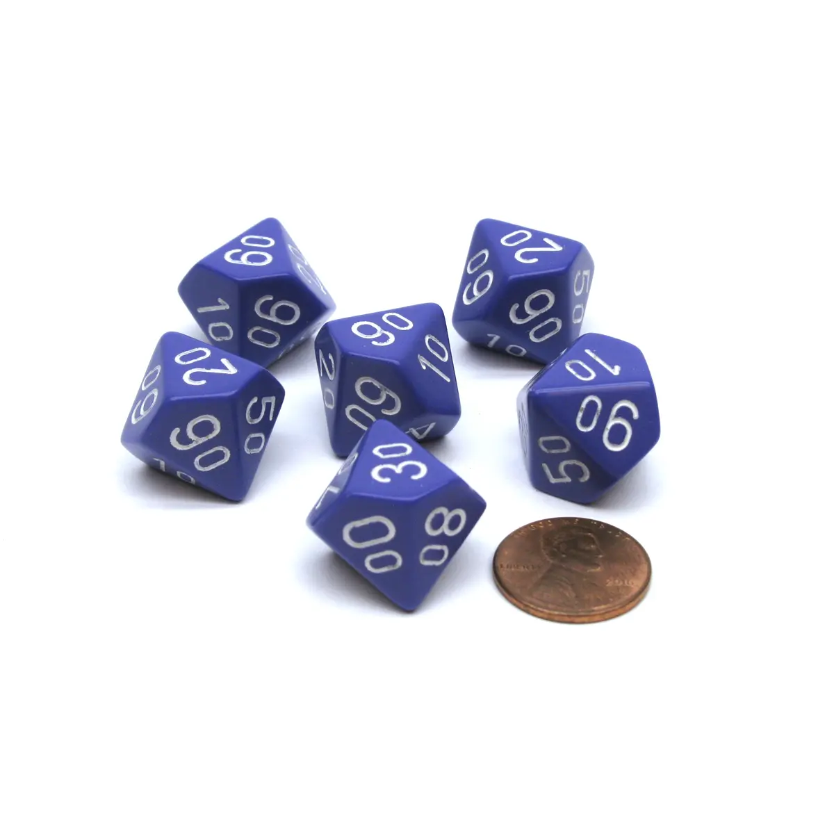 Opaque 16mm Tens D10 (00-90) Chessex Dice, 6 Pieces - Purple with White Numbers