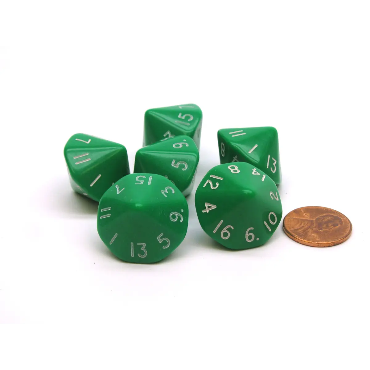 Opaque 17mm 16 Sided D16 Chessex Dice, 6 Pieces - Green with White Numbers