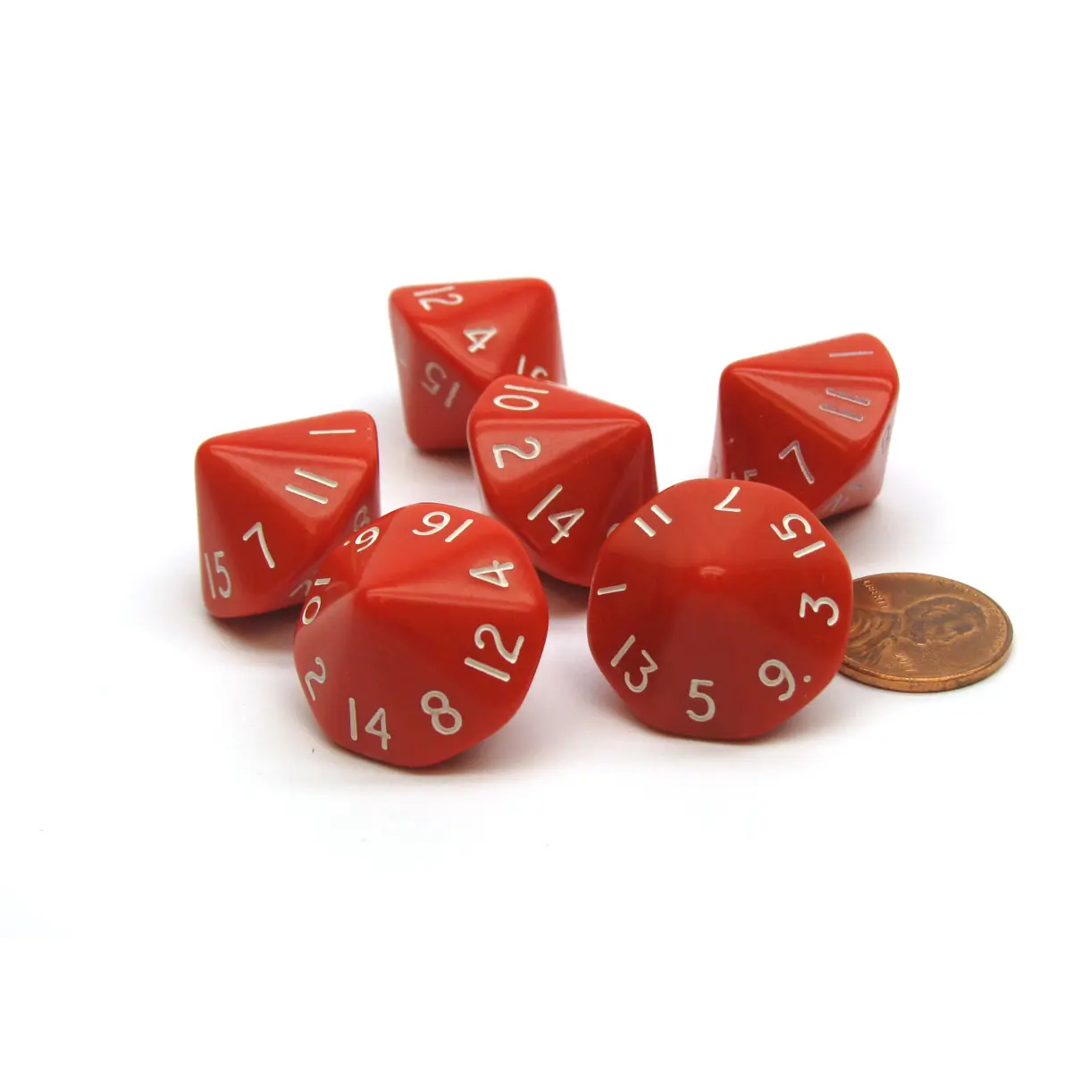 Opaque 17mm 16 Sided D16 Chessex Dice, 6 Pieces - Red with White Numbers