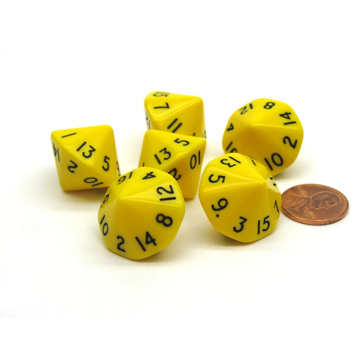 Opaque 17mm 16 Sided D16 Chessex Dice, 6 Pieces - Yellow with Black Numbers