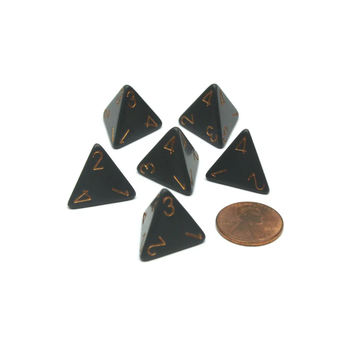 Opaque 18mm 4 Sided D4 Chessex Dice, 6 Pieces - Dark Grey with Copper Numbers