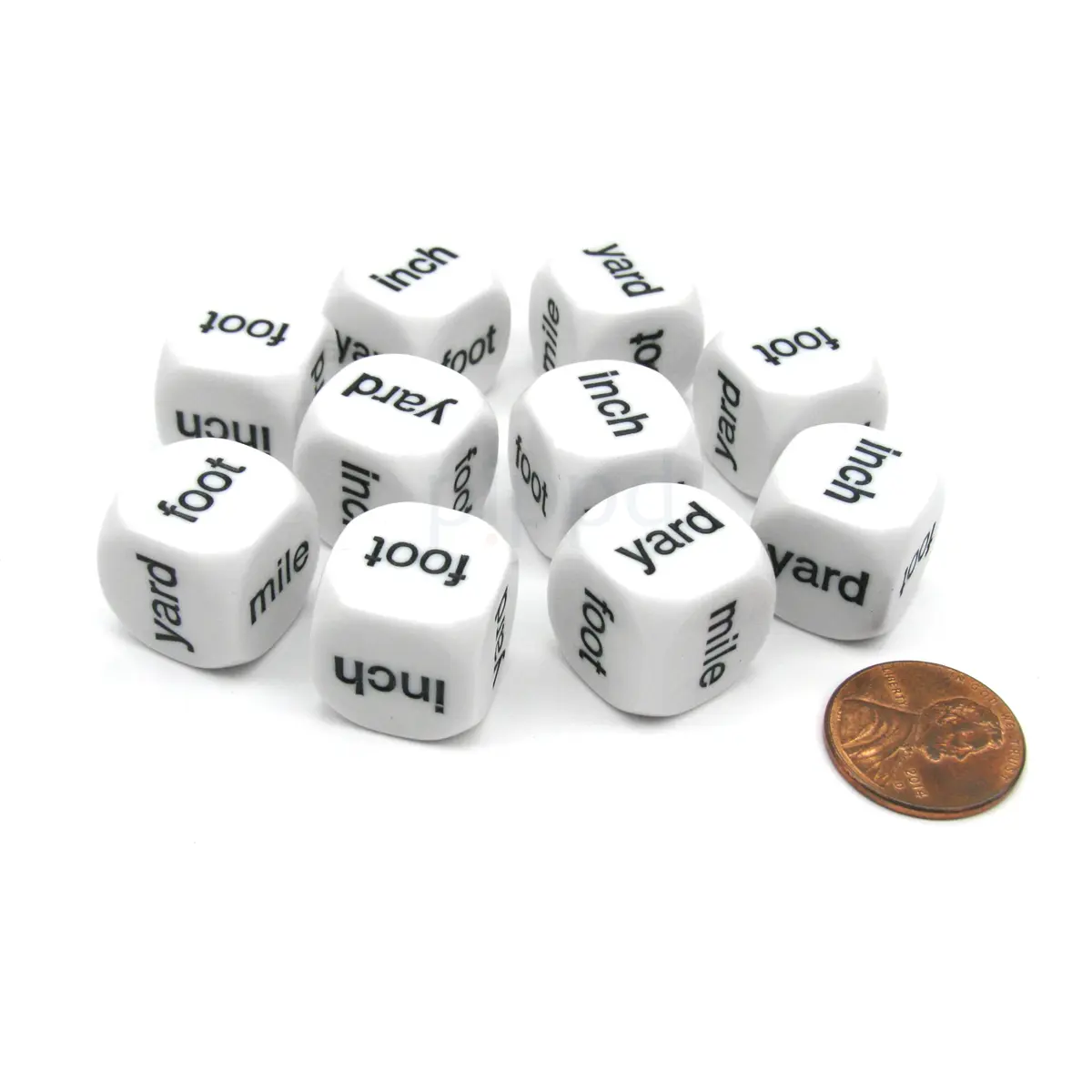 Pack of 10 16mm Math Linear Measurement Dice - inch yard (2) foot (2) mile