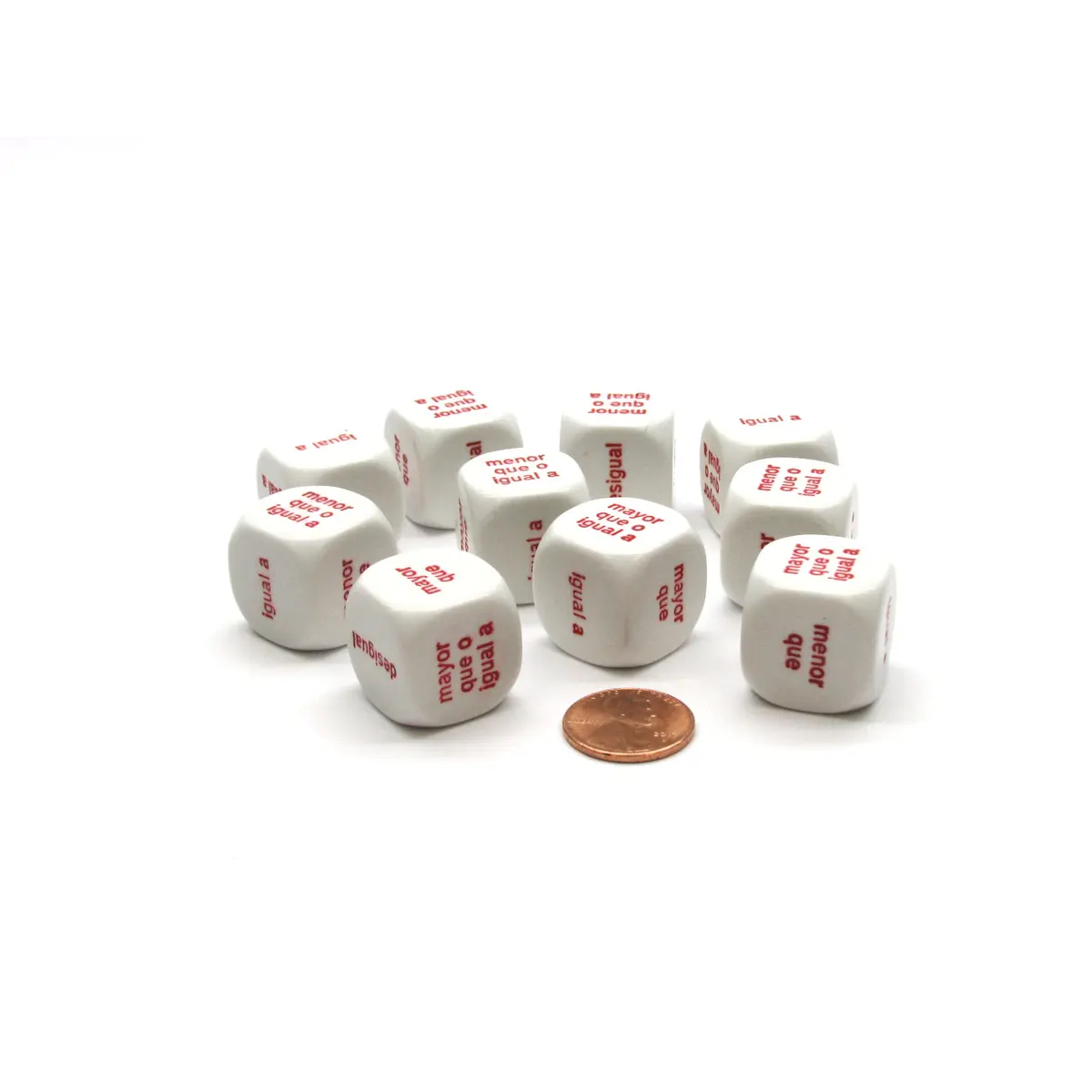 Pack of 10 20mm Logic Math Word Dice, Spanish Español Dice- White with Red Words