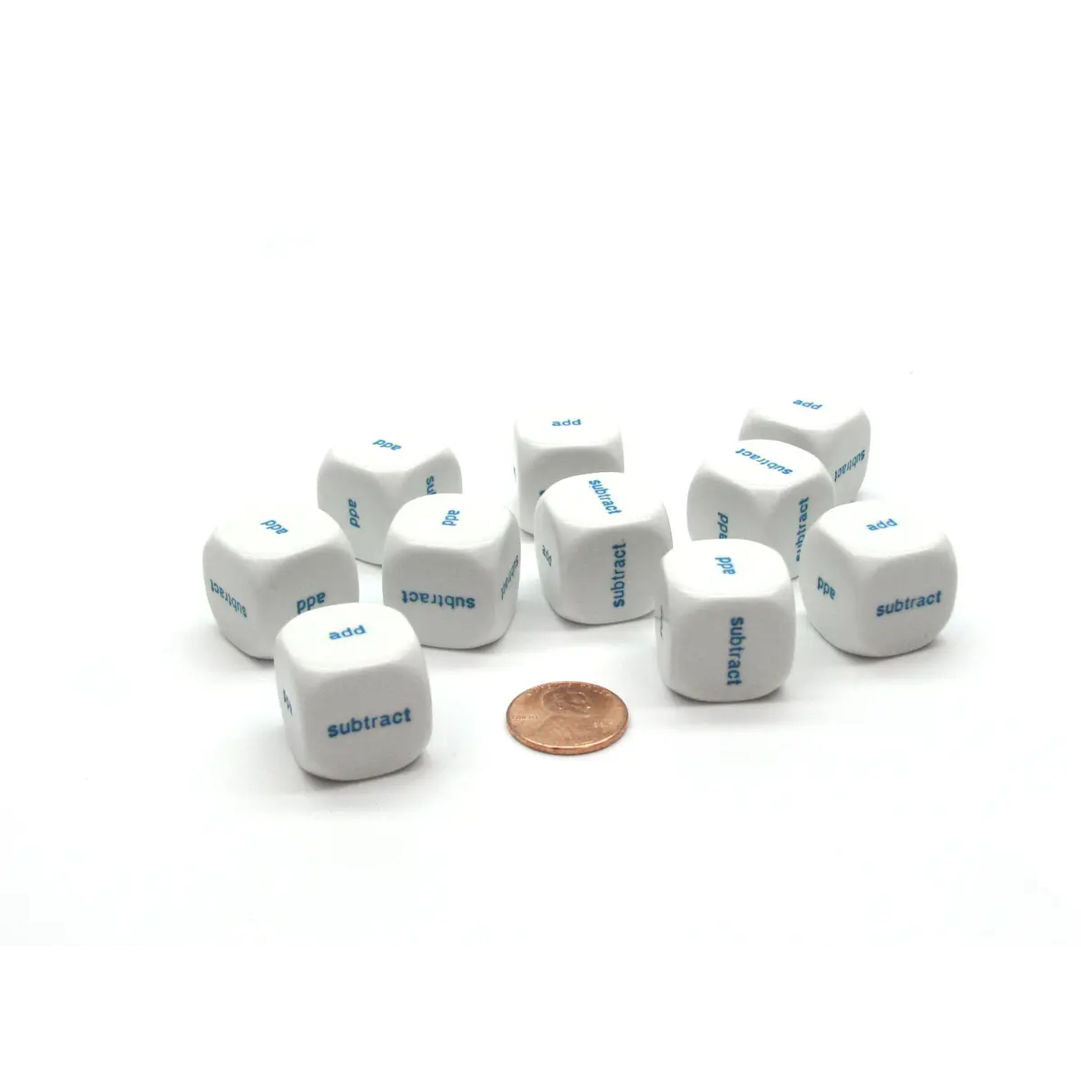 Pack of 10 20mm Math 2 Function (add, subtract) Word Dice - White with Blue