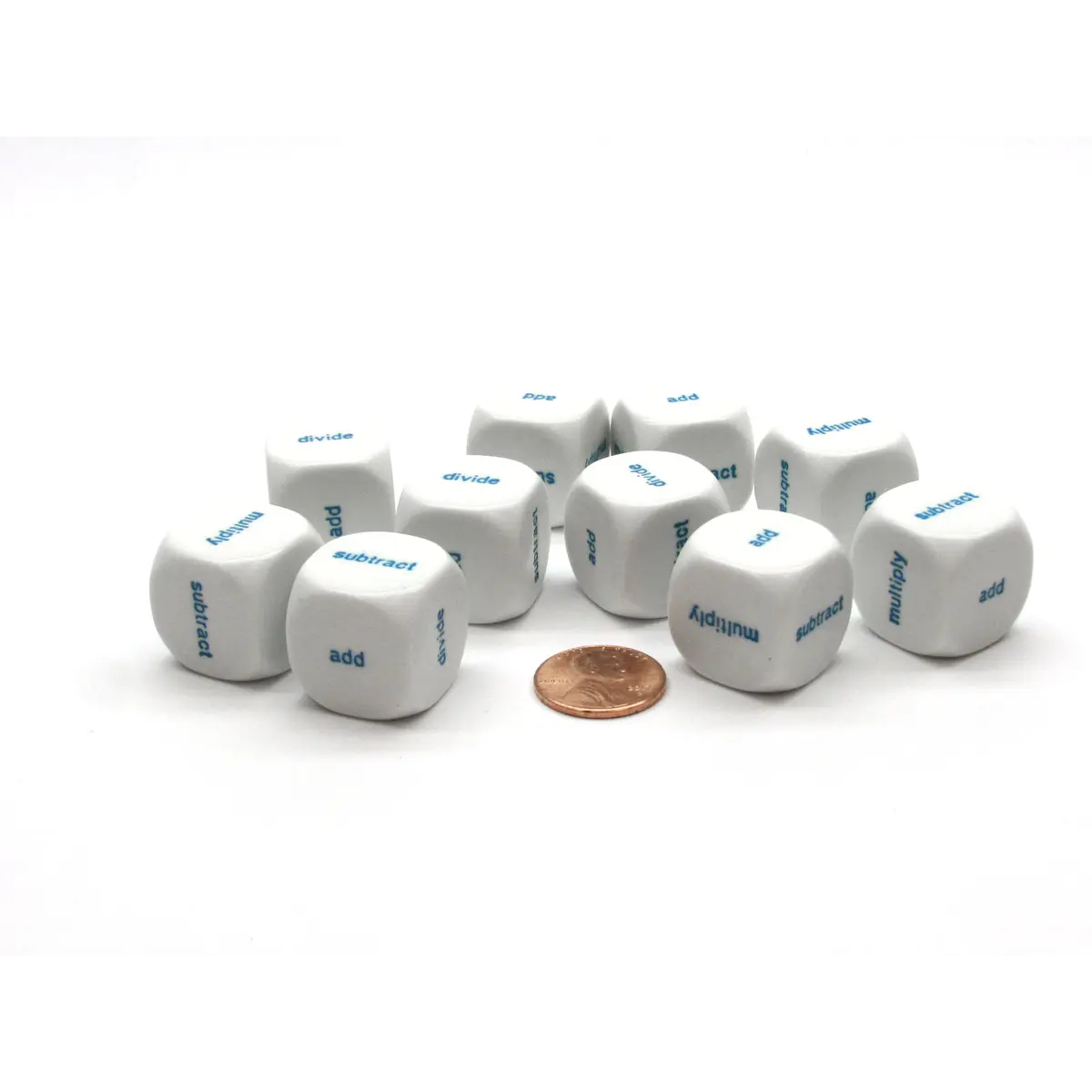 Pack of 10 20mm Math 4 Function Word Dice (add-subtract-multiply-divide) - White