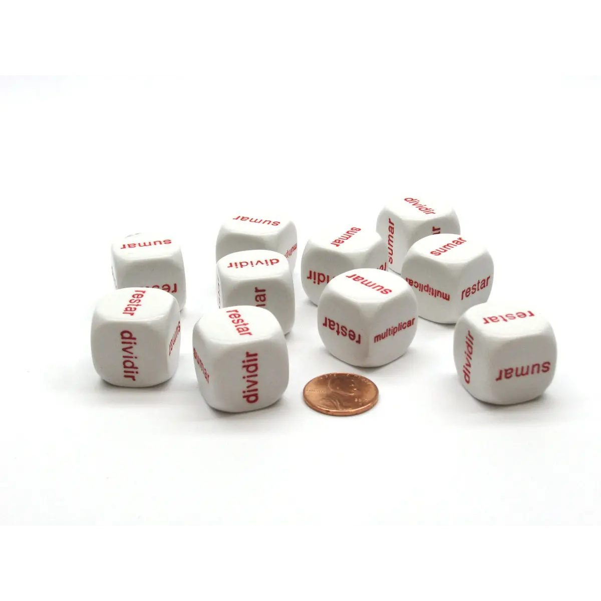 Pack of 10 20mm Math 4 Function Word Dice, Spanish - White with Red Words