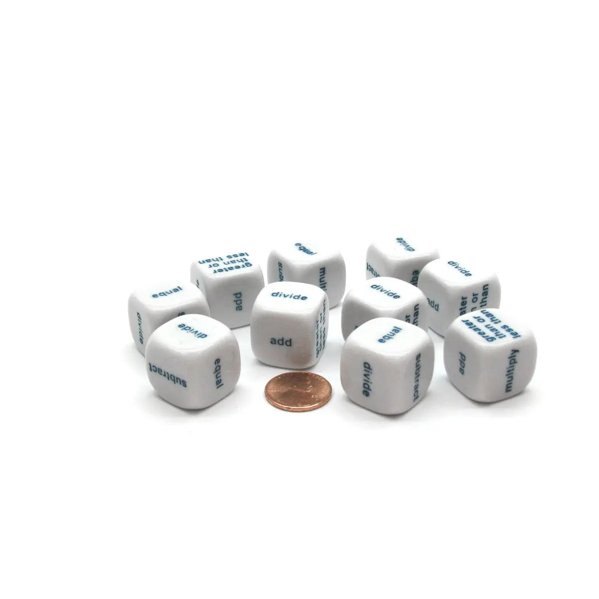 Pack of 10 20mm Math 6 Function Word Dice, English - White with Blue Words