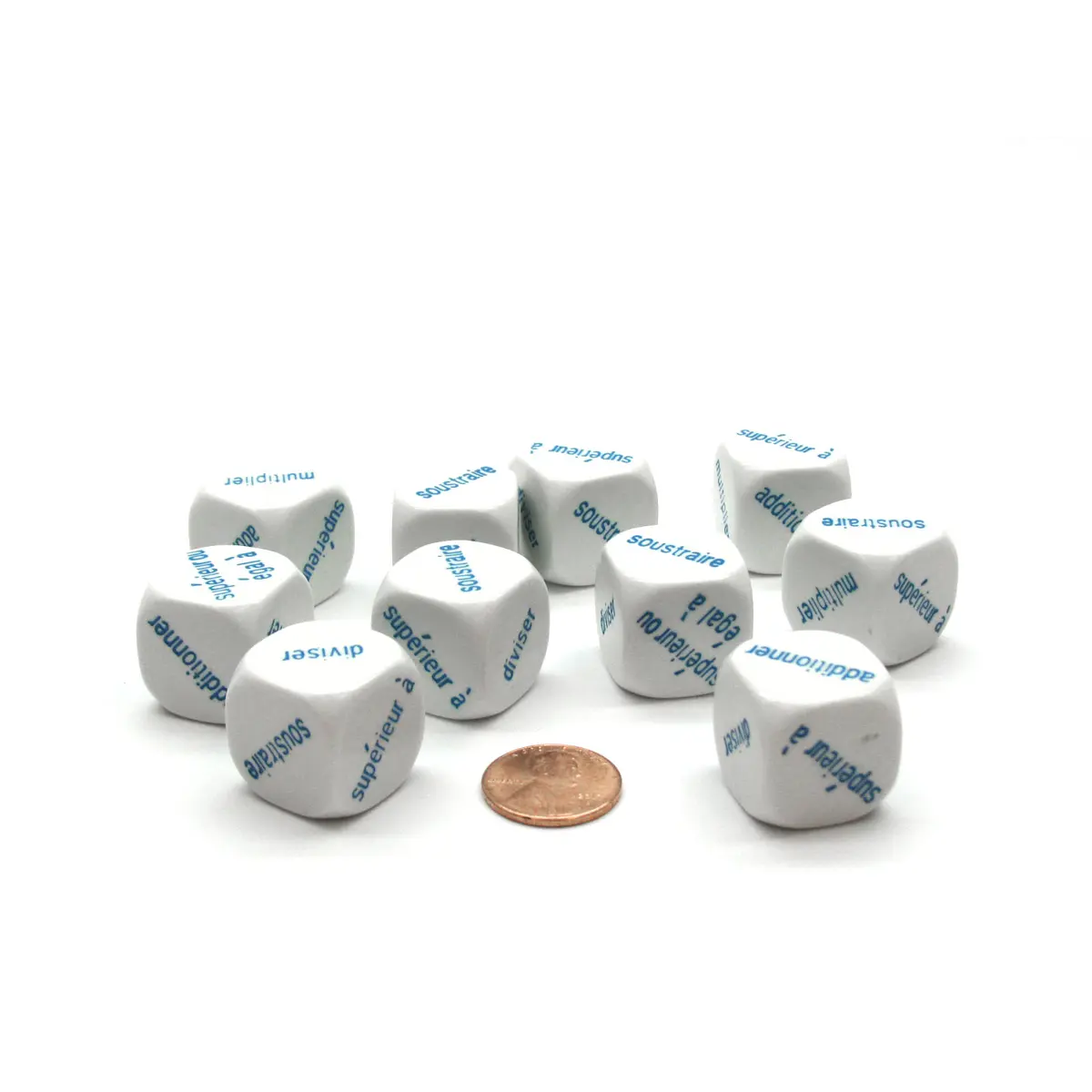 Pack of 10 20mm Math Operation Six Function French Word Dice - White with Blue