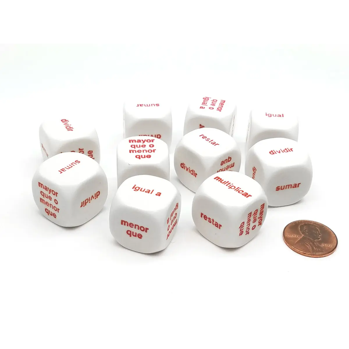 Pack of 10 20mm Math Word Dice 6 Function, Spanish Español Dice - White with Red