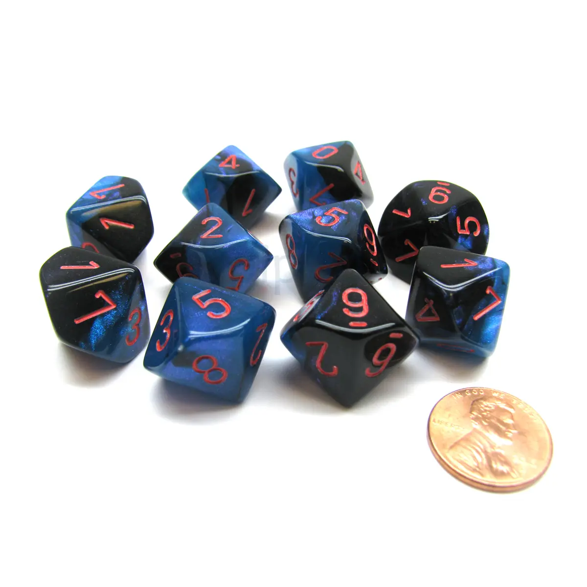 Pack Of 10 Chessex Gemini D10 Dice - Black-Starlight with Red Numbers