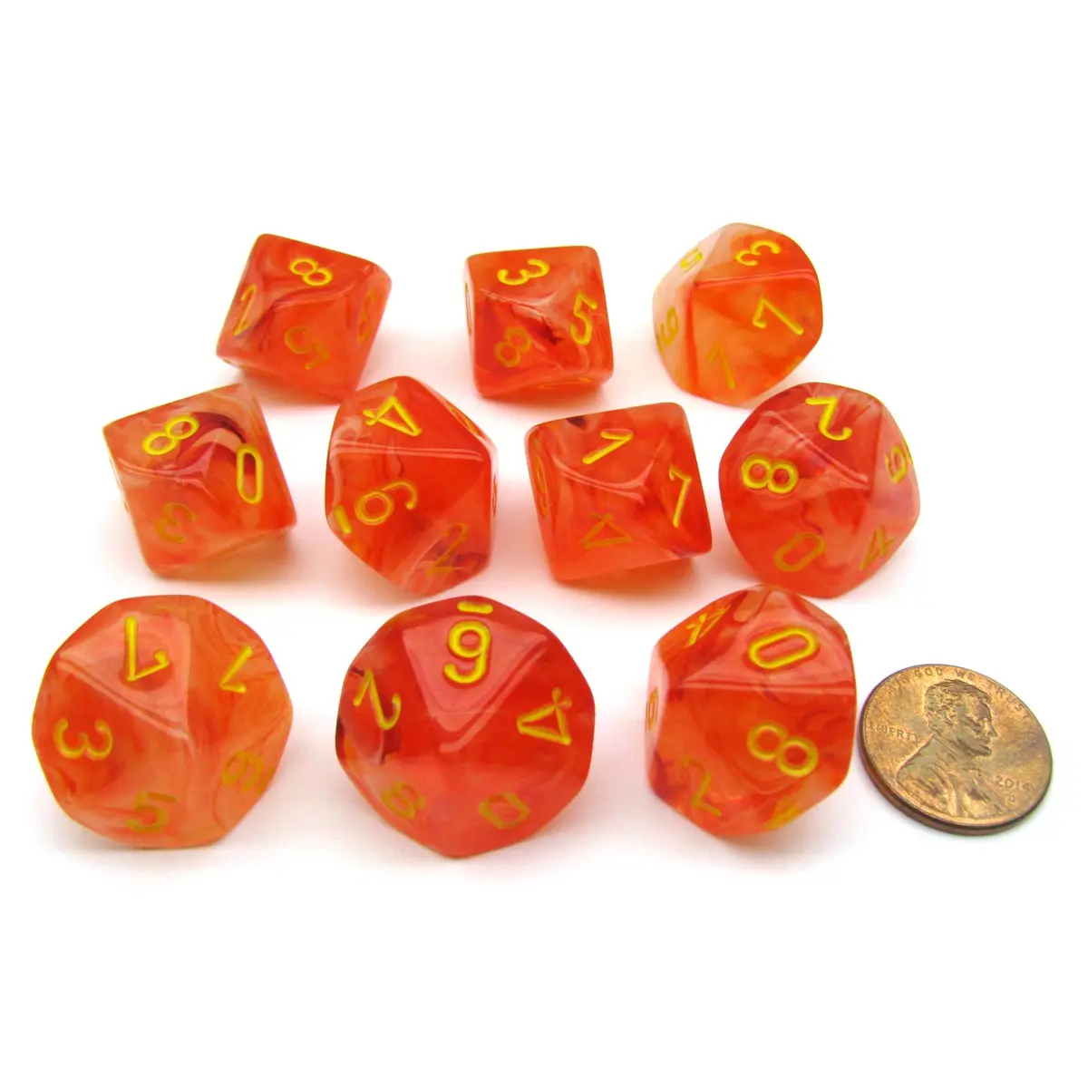 Pack of 10 Chessex Ghostly Glow D10 Dice - Orange with Yellow Numbers