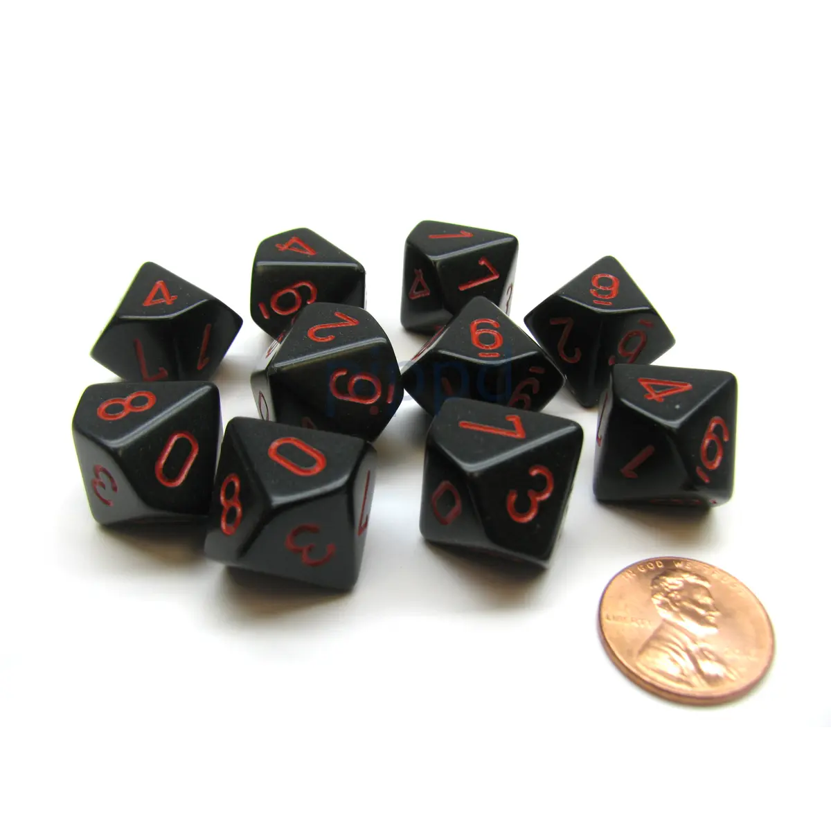 Pack Of 10 Chessex Opaque D10 Dice - Black with Red Numbers