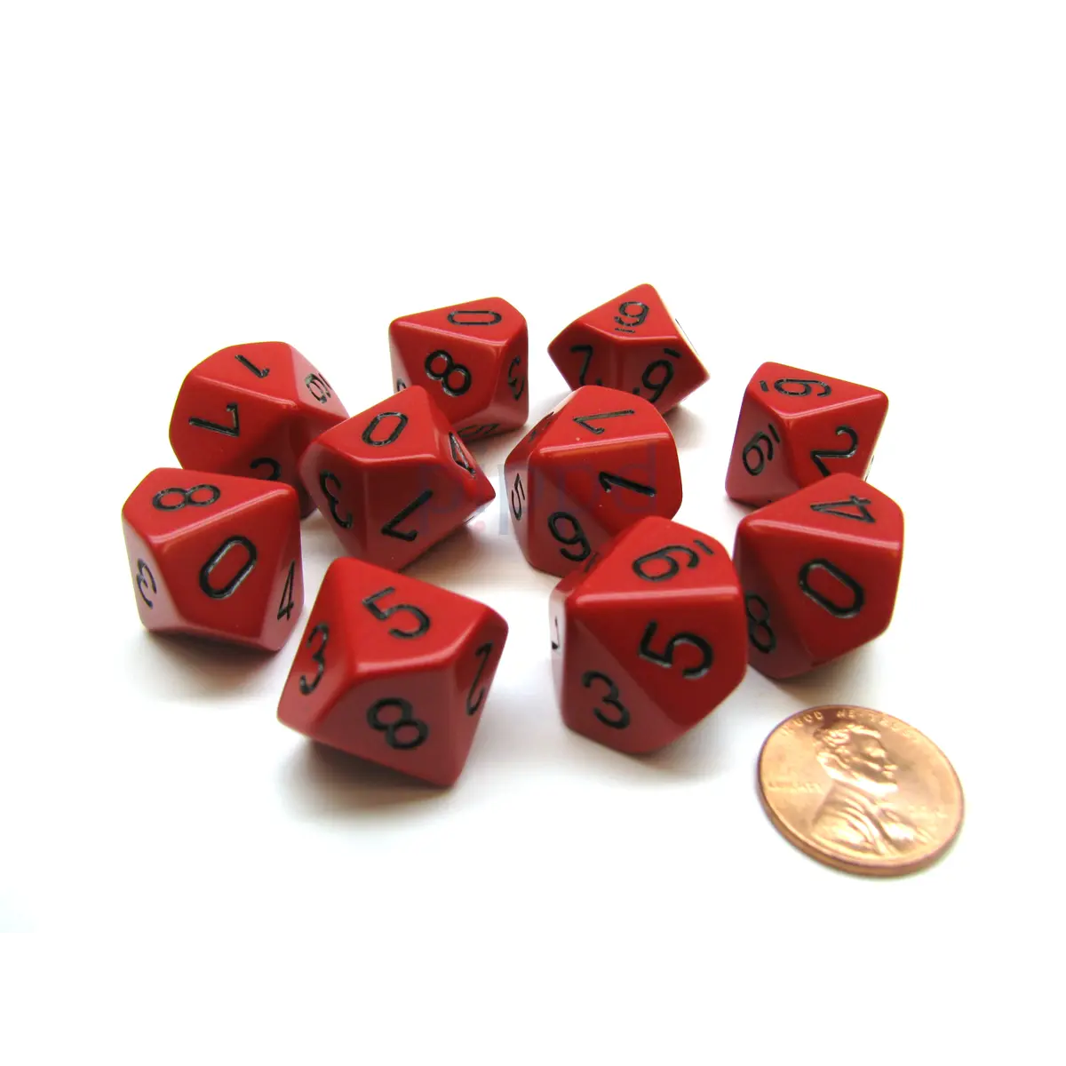 Pack Of 10 Chessex Opaque D10 Dice - Red with Black Numbers