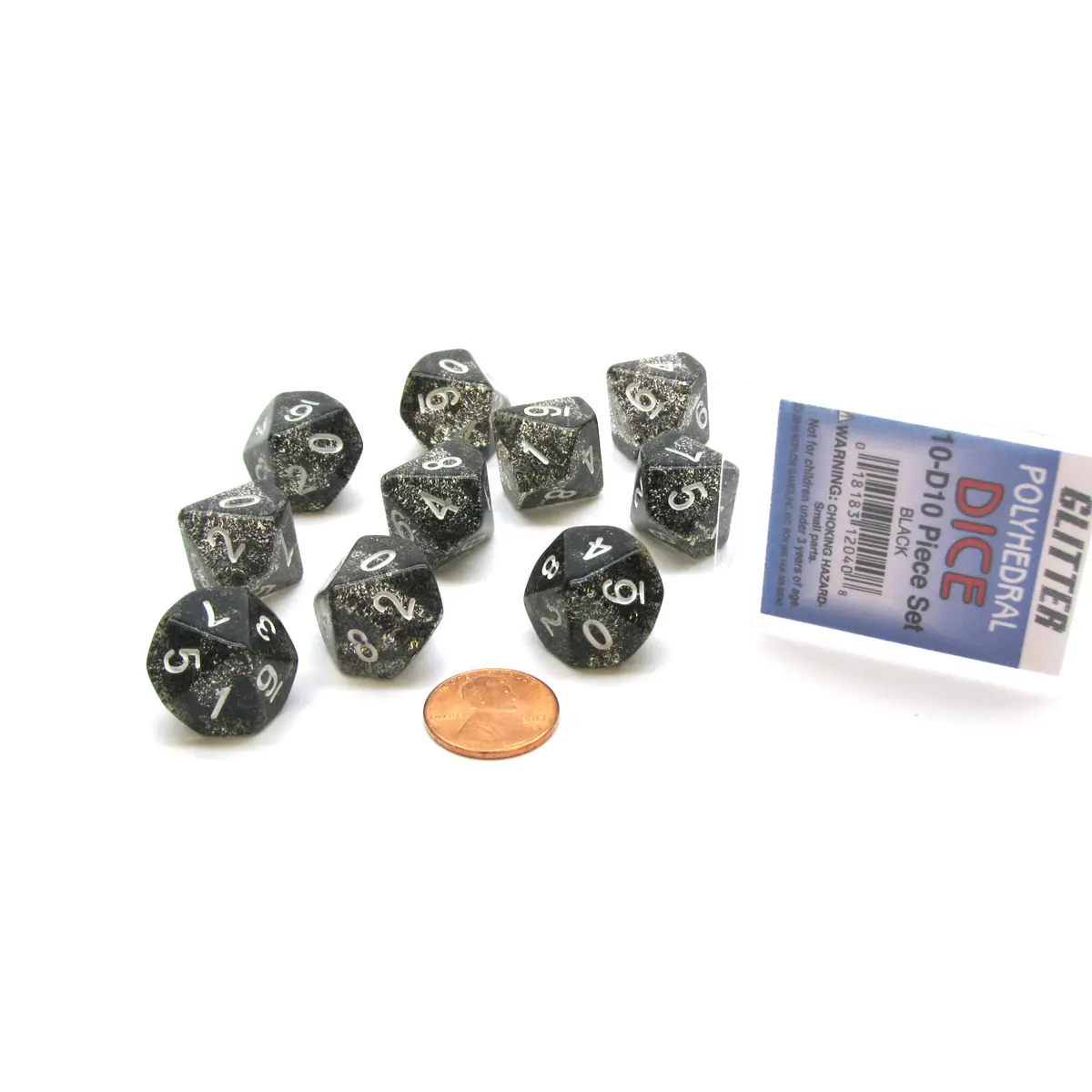 Pack of 10 D10 Glitter Dice in Display Case- Black with White Numbers