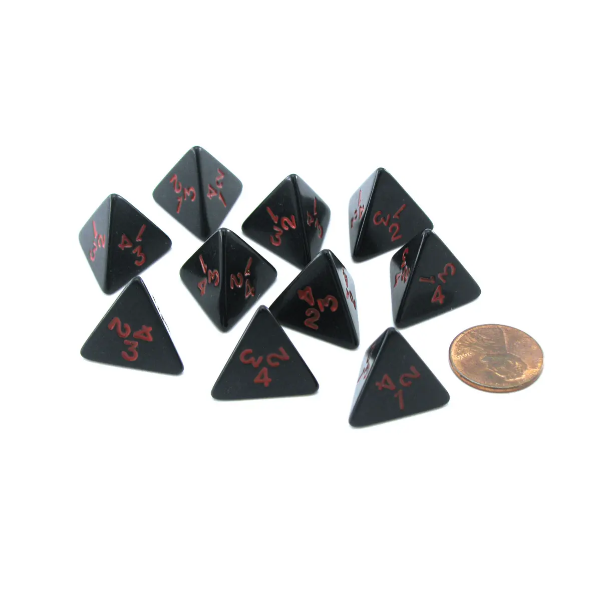 Pack of 10 D4 18mm Opaque Dice - Black with Red Numbers