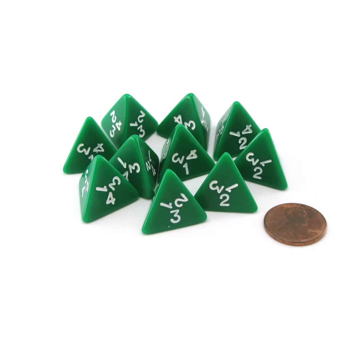 Pack of 10 D4 18mm Opaque Dice - Green with White Numbers