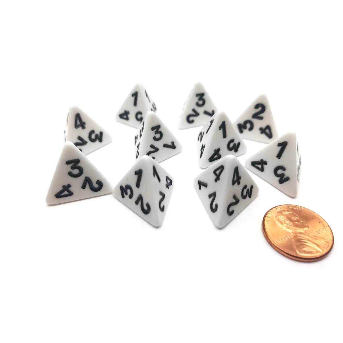 Pack of 10 D4 Opaque 4 Sided Dice - White with Black Numbers
