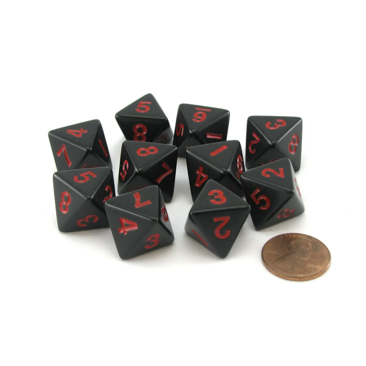 Pack of 10 D8 8-Sided 15mm Opaque Dice - Black with Red Numbers