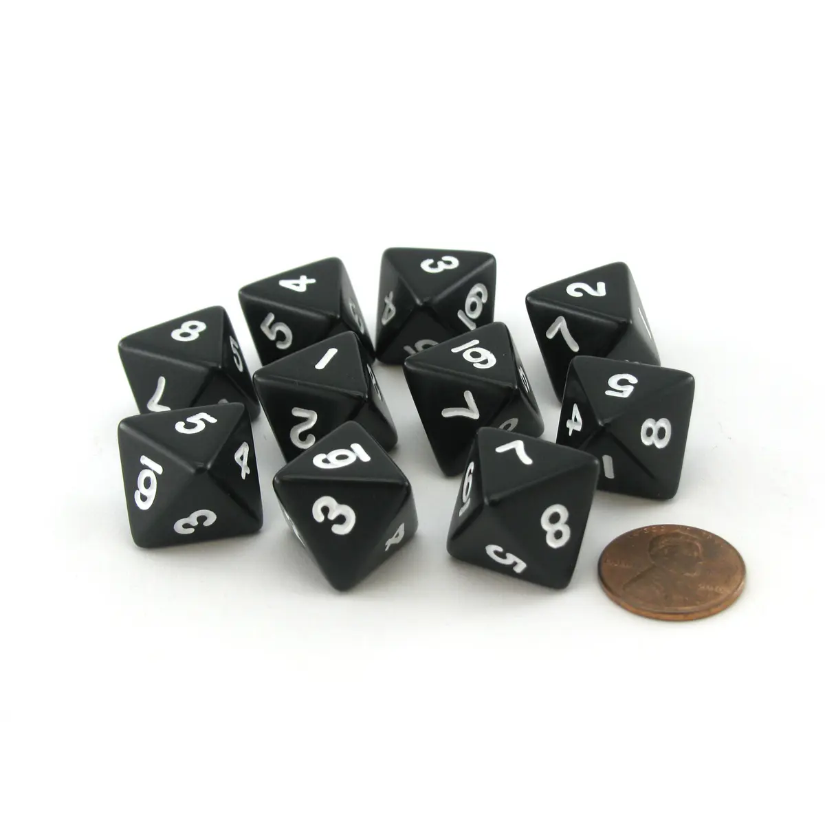 Pack of 10 D8 8-Sided 15mm Opaque Dice - Black with White Numbers