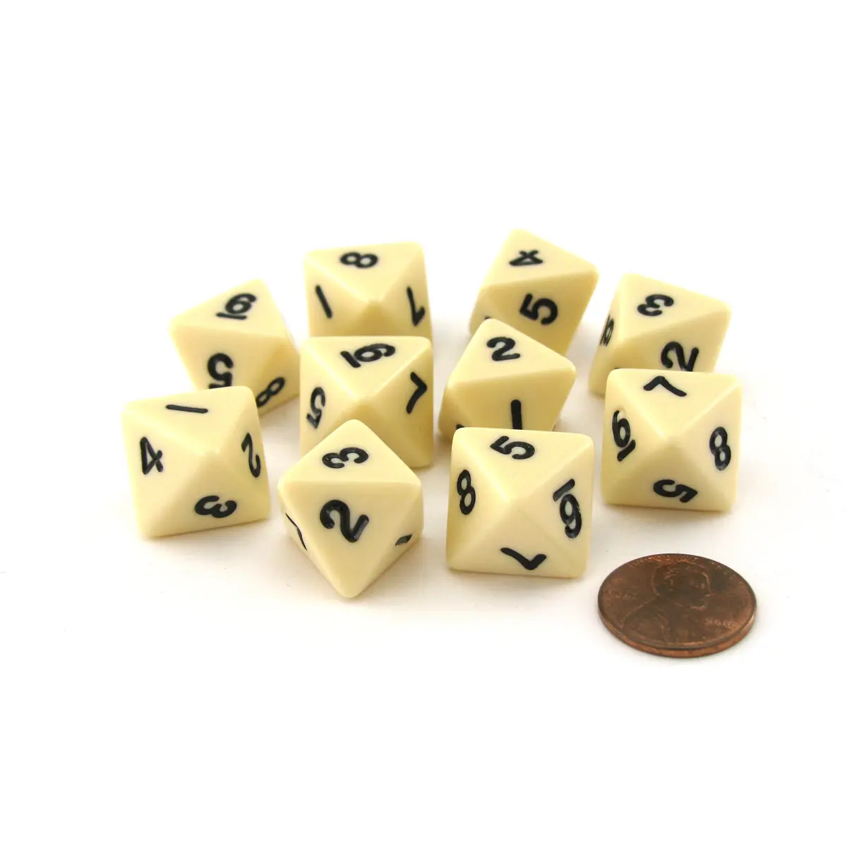 Pack of 10 D8 8-Sided 15mm Opaque Dice - Ivory with Black Numbers