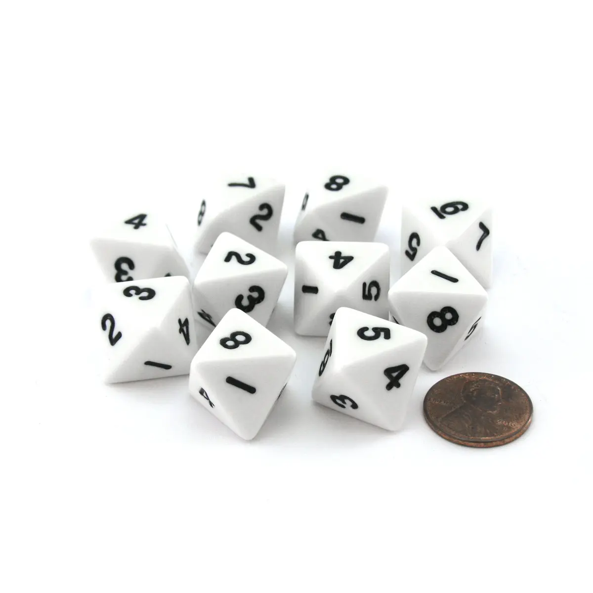 Pack of 10 D8 8-Sided 15mm Opaque Dice - White with Black Numbers