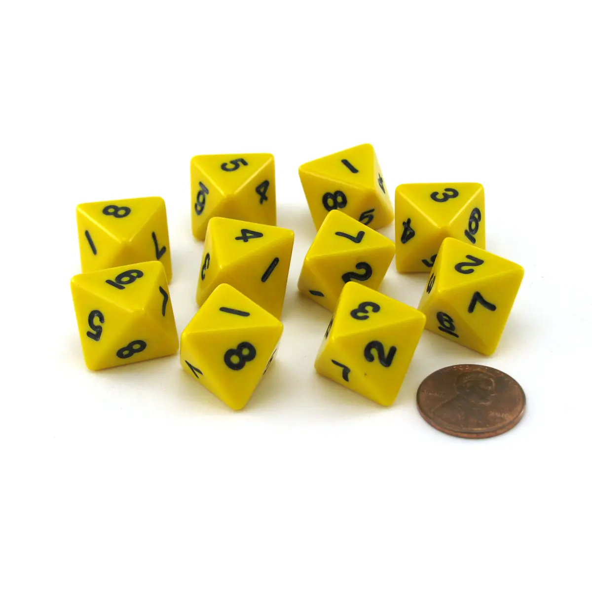 Pack of 10 D8 8-Sided 15mm Opaque Dice - Yellow with Black Numbers